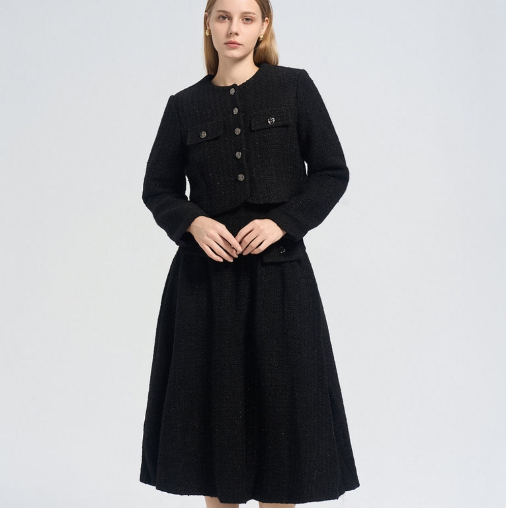 Crop Woolen Blend Tweed Jacket